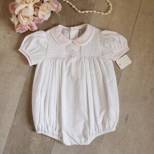 White & Pink Bow Smocked Bubble Romper Feltman Brothers/Friedknit